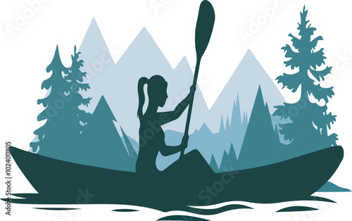 A vector silhouette of woman kayaking.