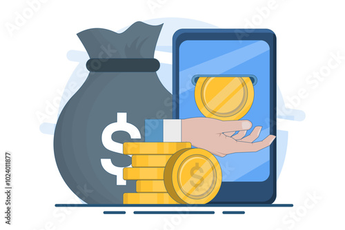 Concept of making money online, Smart phone in businessman's hand, gold coins, digital marketing. Bag with cash. Business finance budget concept. Flat vector on background.