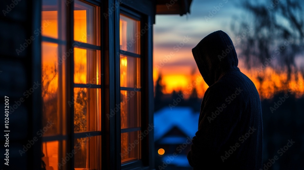 Silhouette of a hooded figure breaking into a house at dusk, concept of burglary and home security Silhouette of a hooded figure breaking into a house at dusk, concept of burglary and home security