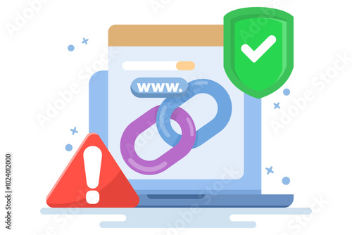 concept of protection from malicious links. unsafe website addresses. dangerous and suspicious url addresses. chain with shield symbol and warning sign. flat vector illustration.