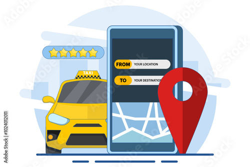 Concept Find online taxi drivers, Online taxi, Taxi service app, Rent and share car, Long distance car sharing, Navigation pin. Taxi service app on smartphone screen. Flat vector illustration.