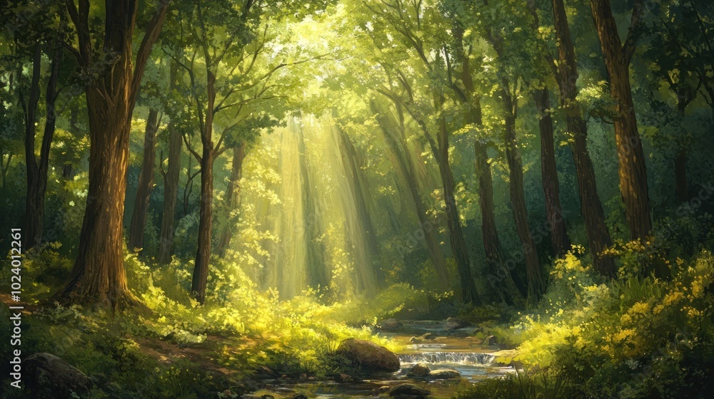 Fototapeta premium Sunbeams Illuminating a Stream in a Lush Green Forest