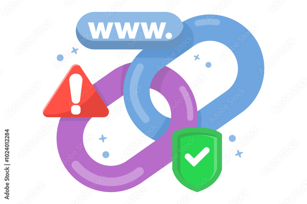 concept of protection from malicious links. unsafe website addresses. dangerous and suspicious url addresses. chain with shield symbol and warning sign. flat vector illustration. concept of protection from malicious links. unsafe website addresses. dangerous and suspicious url addresses. chain with shield symbol and warning sign. flat vector illustration.