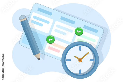 Schedule planning concept. Vector flat illustration banner. Work tasks, filling checklist, making schedule using calendar. To-do list. Business and organization. Flat vector illustration.