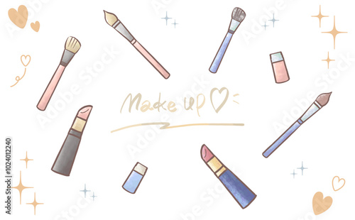 手描きでかわいい水彩の口紅やブラシのコスメのイラストセット