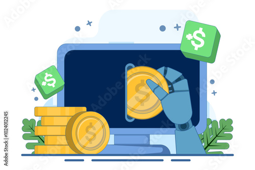 Concept of making money online, Smart phone in businessman's hand, gold coins, digital marketing. Bag with cash. Business finance budget concept. Flat vector on background.