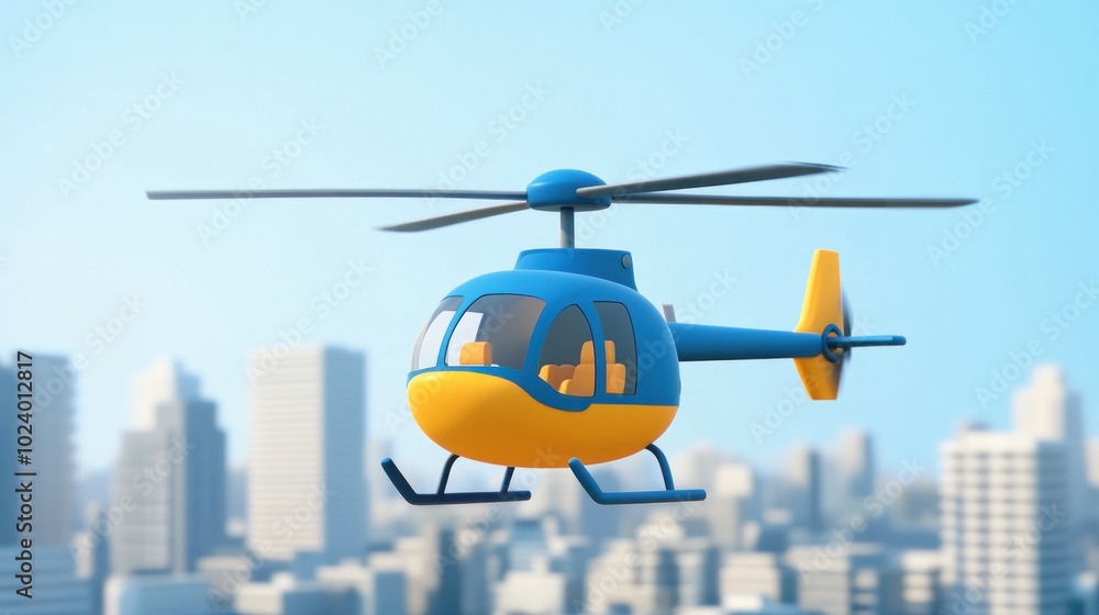 Fototapeta premium A colorful helicopter flying over a city skyline, representing transport and adventure.