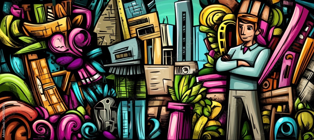 A vibrant, colorful illustration featuring a man amidst abstract city elements and greenery. A vibrant, colorful illustration featuring a man amidst abstract city elements and greenery.