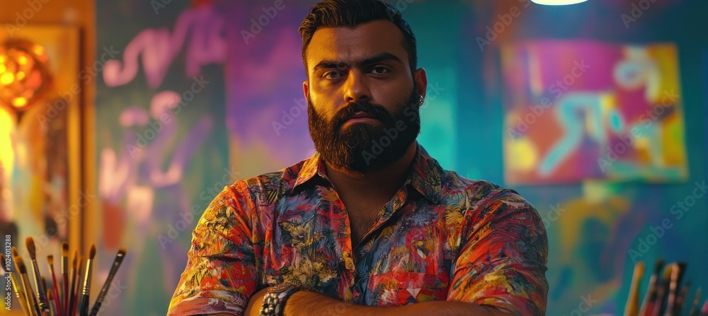 A man with a beard stands confidently in a colorful artistic setting. A man with a beard stands confidently in a colorful artistic setting.