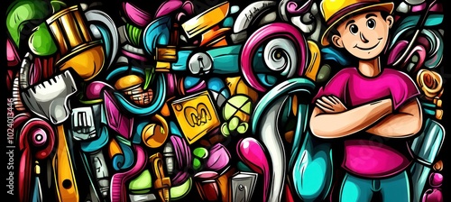 A colorful illustration featuring a smiling character surrounded by various tools and objects.