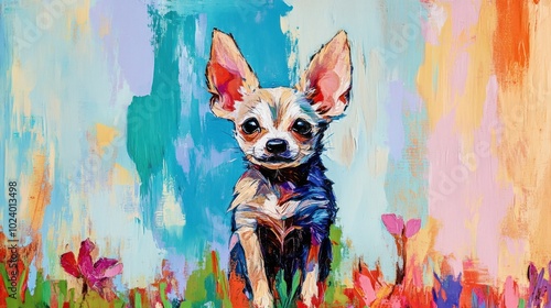 A colorful painting of a Chihuahua amidst vibrant flowers and a bright background.