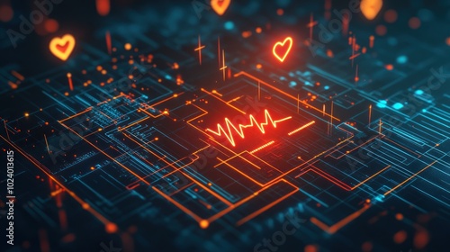 A digital illustration of a heartbeat signal surrounded by circuitry and heart icons.