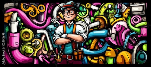 A cheerful character stands amidst colorful tools and pipes, representing creativity and industry.