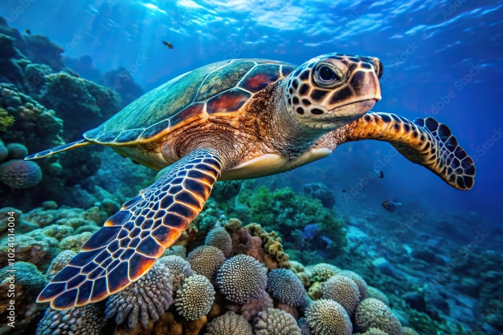 Fototapeta premium High angle view of critically endangered Hawksbill sea turtle in ocean