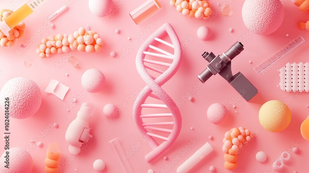 A vibrant arrangement of scientific tools and biological elements on a pink background. A vibrant arrangement of scientific tools and biological elements on a pink background.
