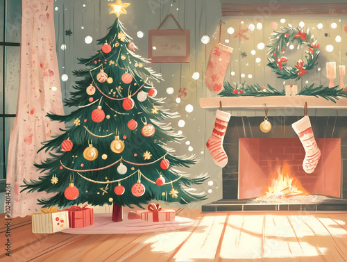 A cozy Christmas scene with a decorated tree, stockings, and a warm fireplace.