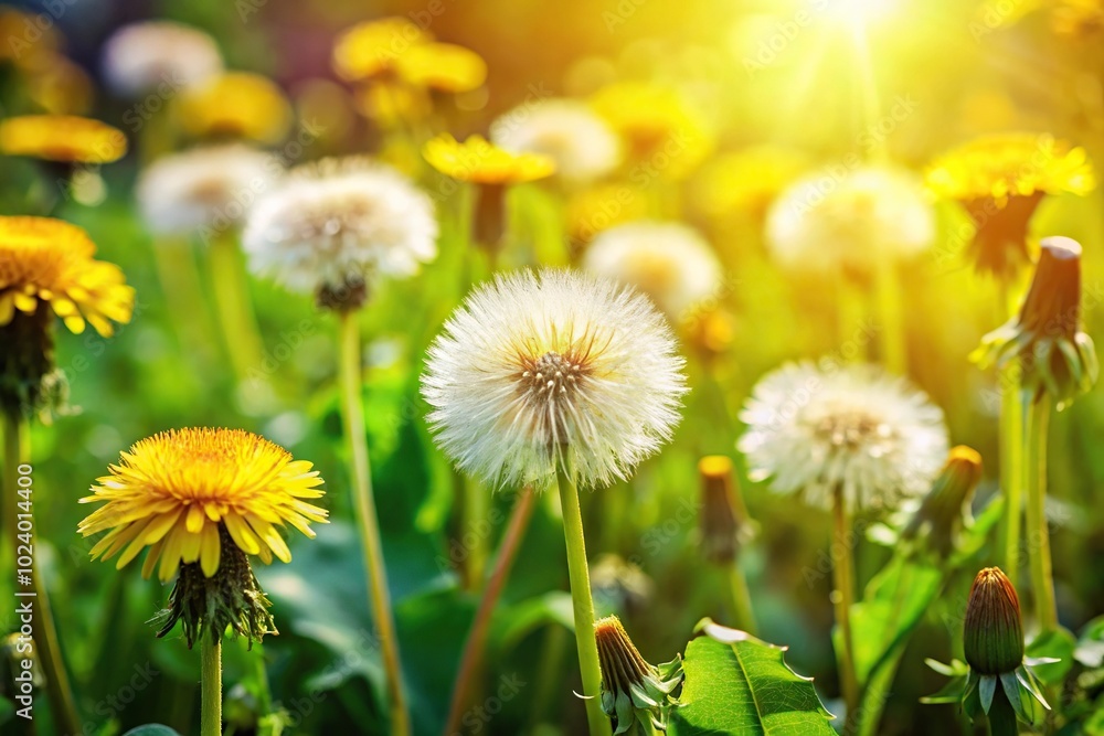High angle view of dandelions in a sunny garden with selective focus