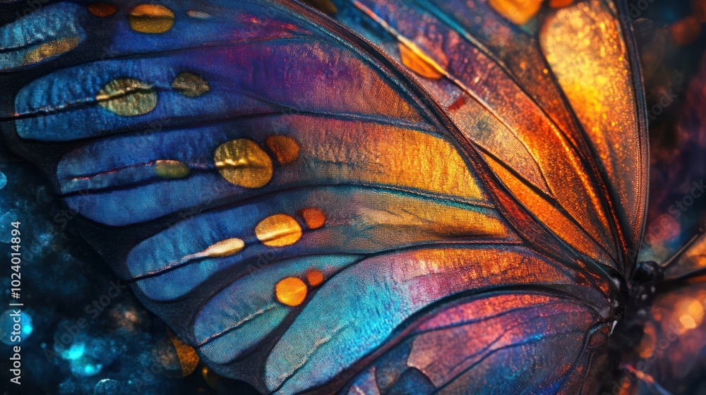Close-up of a butterfly wing with iridescent colors and gold accents. Close-up of a butterfly wing with iridescent colors and gold accents.