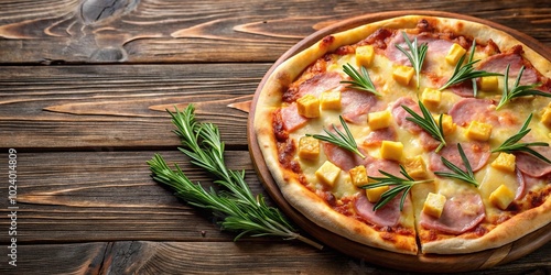 High angle view of delicious pineapple ham pizza with rosemary on wooden table photo