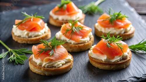 High angle view of delicious smoked salmon canapes with cream cheese and dill