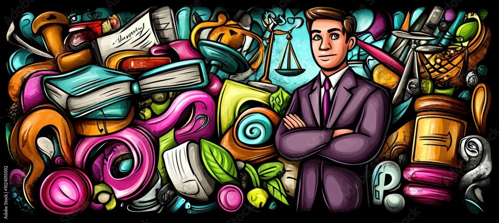 A colorful illustration featuring a man in a suit surrounded by various objects symbolizing law and business. A colorful illustration featuring a man in a suit surrounded by various objects symbolizing law and business.