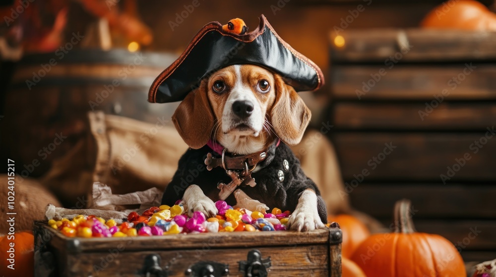 Naklejka premium A beagle dressed as a pirate surrounded by candy and pumpkins for Halloween.