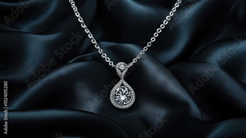 Stunning platinum necklace with a diamond pendant, perfectly presented on dark silk fabric, radiating opulence and timeless beauty.