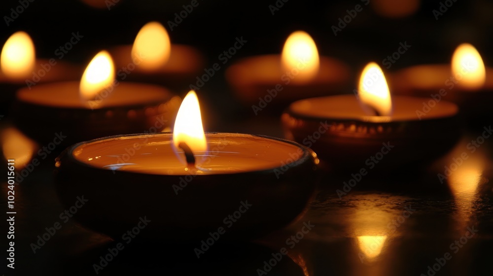 An array of decorative candles lit in a dark room, casting a warm and inviting glow that enhances the Diwali ambiance An array of decorative candles lit in a dark room, casting a warm and inviting glow that enhances the Diwali ambiance