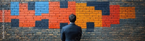 A man stands in front of a colorful mural, contemplating art and urban expression, embodying creativity and modern culture.