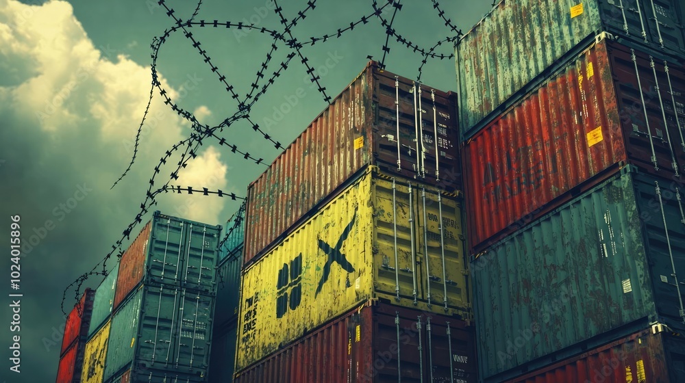 Fototapeta premium A striking scene of colorful shipping containers surrounded by barbed wire and cloudy skies, symbolizing security and trade.