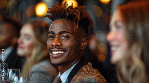 Joyful Man in Suit Smiling at Elegant Dinner Event