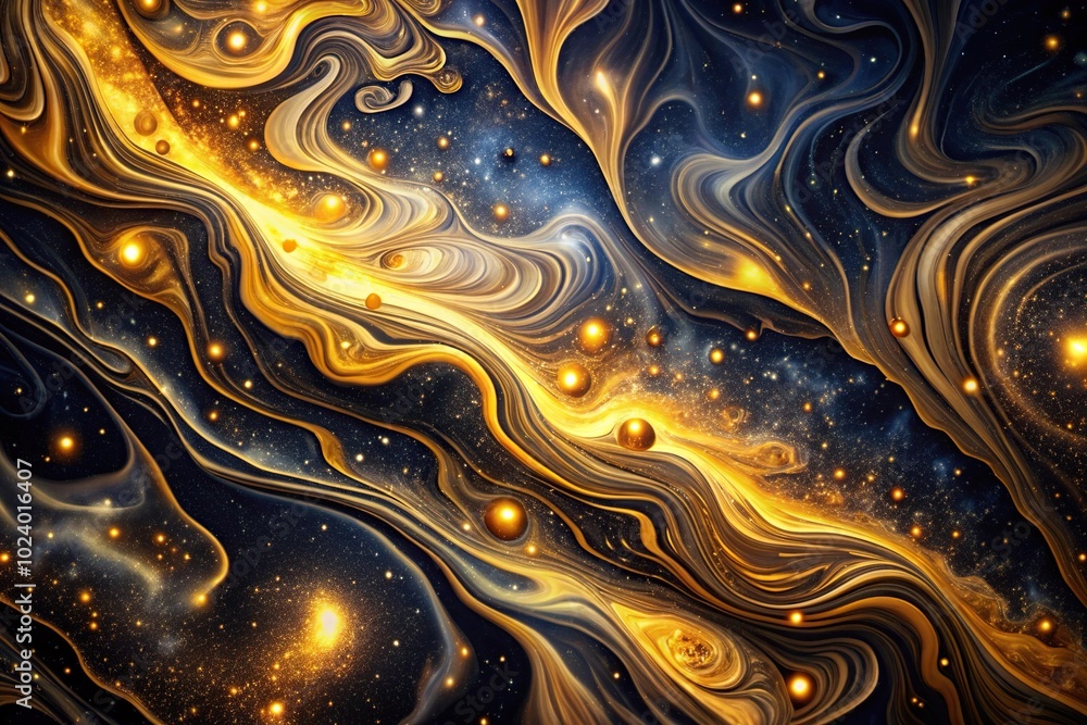 High angle view of fluid golden and black patterns resembling a starry night sky High angle view of fluid golden and black patterns resembling a starry night sky