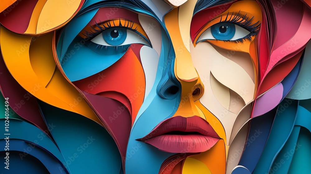 Paper cut abstract face with fragmented shapes, deconstructing human features in vibrant layers, paper cut face, abstract portrait design Paper cut abstract face with fragmented shapes, deconstructing human features in vibrant layers, paper cut face, abstract portrait design