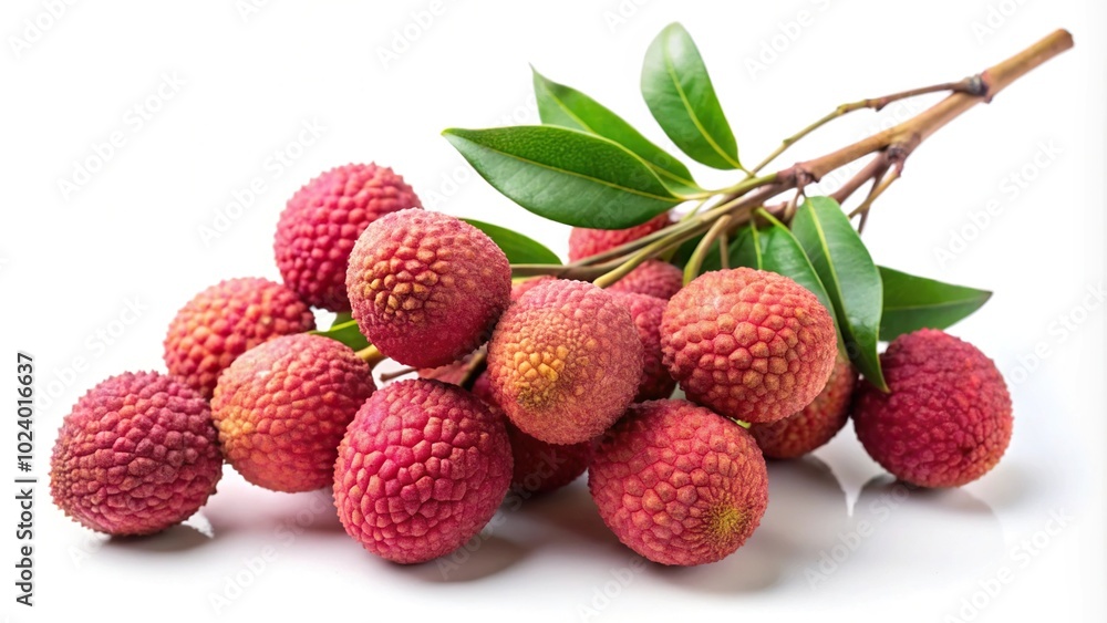High angle view of fresh lychees on branch isolated on white background High angle view of fresh lychees on branch isolated on white background