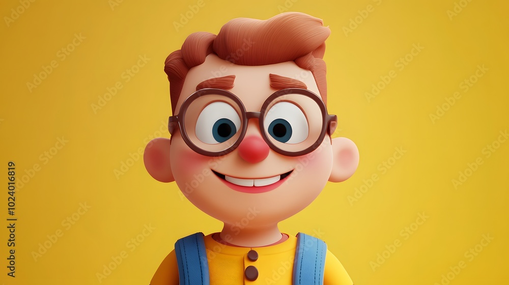 custom made wallpaper toronto digitalA 3D cartoon boy with brown hair and glasses, wearing a yellow shirt and blue overalls, smiles at the camera against a yellow background.