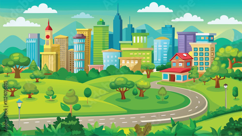 Vibrant Urban Cityscape Vector Art Towering Skyscrapers in a Dynamic City Background Illustration