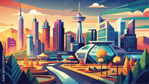 Vibrant Urban Cityscape Vector Art Towering Skyscrapers in a Dynamic City Background Illustration