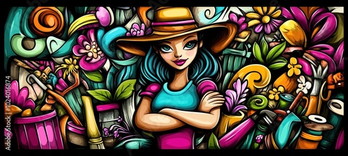 A vibrant illustration of a woman in a garden surrounded by colorful flowers and gardening tools.