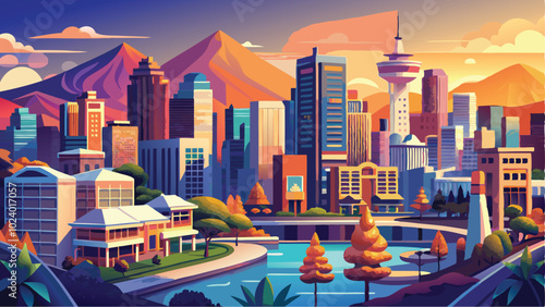 Vibrant Urban Cityscape Vector Art Towering Skyscrapers in a Dynamic City Background Illustration