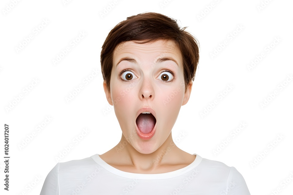 Exaggerated Surprised Facial Expression in Portrait on White Background Exaggerated Surprised Facial Expression in Portrait on White Background