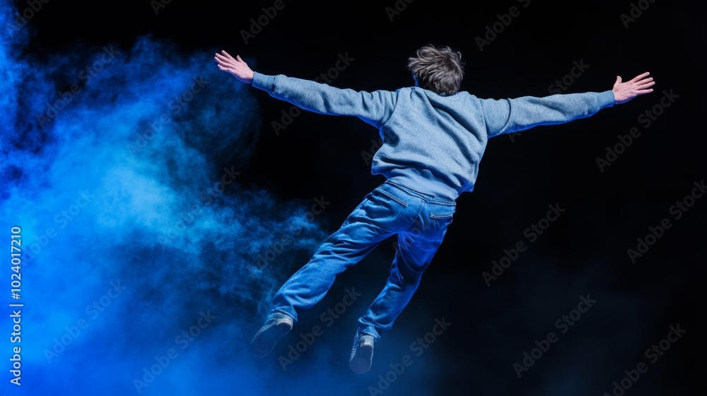Acrobat Performing a Complex Routine Against Dark Background Acrobat Performing a Complex Routine Against Dark Background