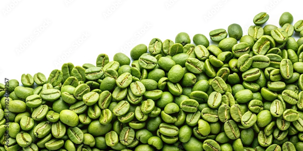 High angle view of green coffee beans during processing on white background with copy space High angle view of green coffee beans during processing on white background with copy space