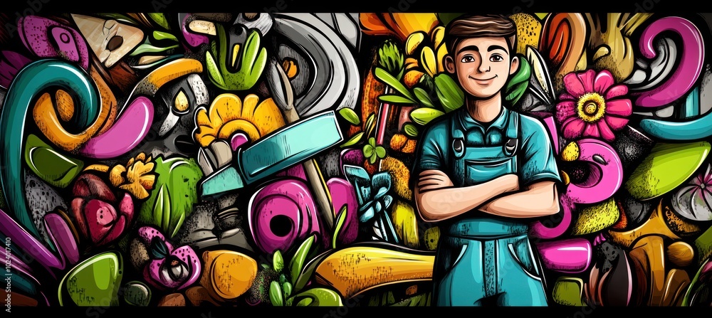 Obraz premium A cheerful person stands amidst colorful gardening tools and flowers, promoting gardening joy.