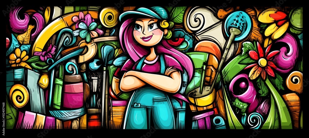 A colorful illustration of a confident woman surrounded by vibrant flowers and gardening tools. A colorful illustration of a confident woman surrounded by vibrant flowers and gardening tools.