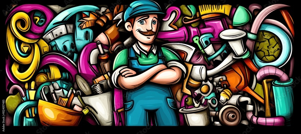 Obraz premium A cartoon character stands confidently amidst colorful tools and waste, symbolizing cleanup and organization.