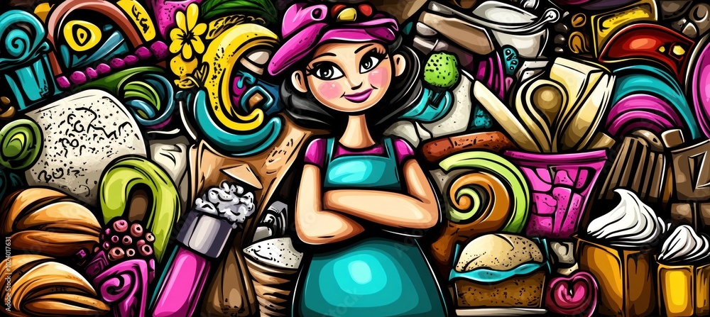 Obraz premium A cheerful baker stands amidst a colorful array of baked goods and confections.
