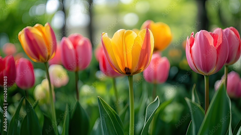 Tulips blooming in a coniferous garden, a close-up view of their vibrant colors standing out against the soft greens of the spring landscape. Tulips blooming in a coniferous garden, a close-up view of their vibrant colors standing out against the soft greens of the spring landscape.