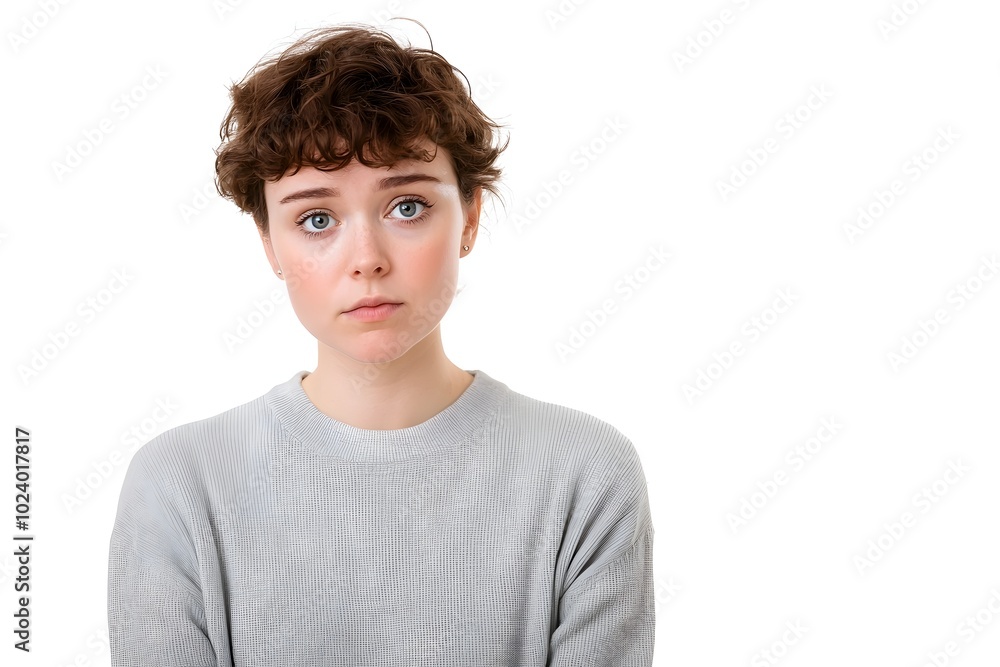 Portrait of a Contemplative Person with an Introspective Facial Expression on a White Background Portrait of a Contemplative Person with an Introspective Facial Expression on a White Background