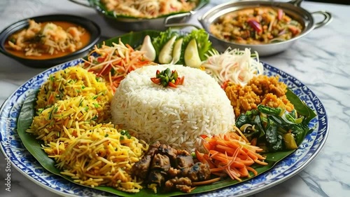 Tumpeng Rice with Complete Side Dishes on a Plate photo