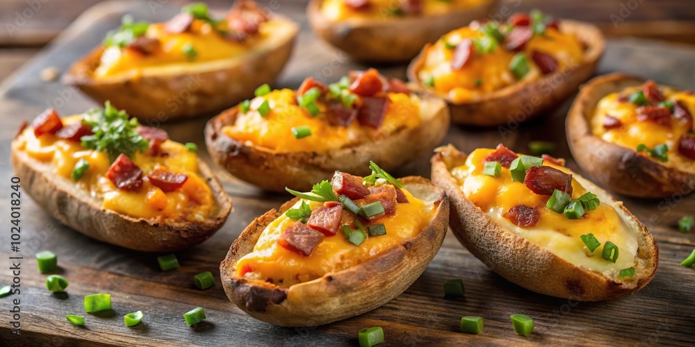 High angle view of Idaho potato skins with cheddar cheese and bacon High angle view of Idaho potato skins with cheddar cheese and bacon